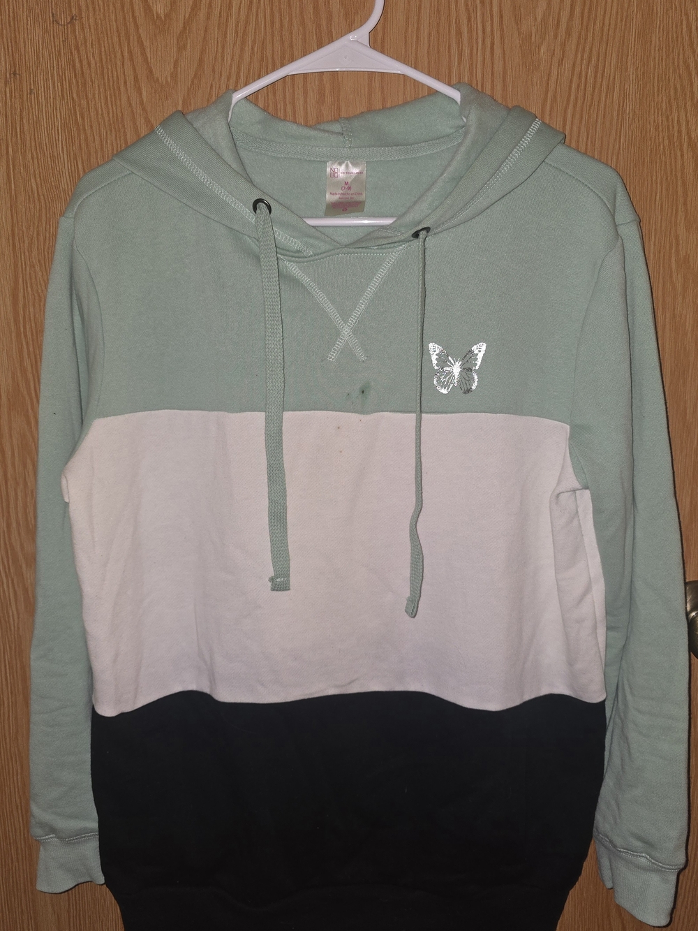 No Boundaries Mint, White & Black Colorblock Hoodie with Butterfly Detail